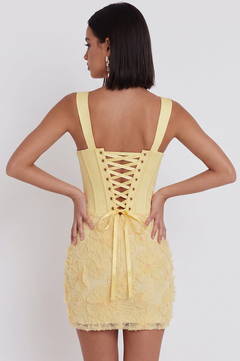 Load image into Gallery viewer, Corset Light Yellow Bodycon Floral Sparkly Short Cocktail Dress with Beading