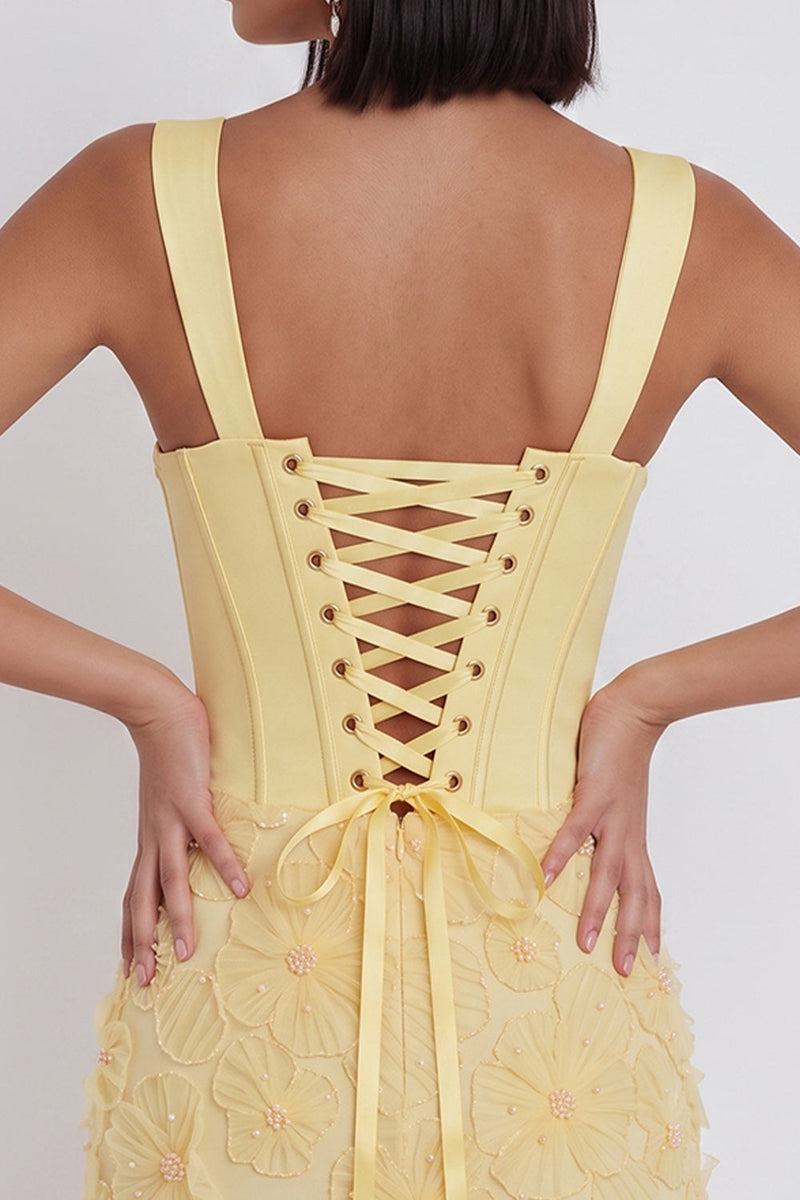 Load image into Gallery viewer, Corset Light Yellow Bodycon Floral Sparkly Short Cocktail Dress with Beading