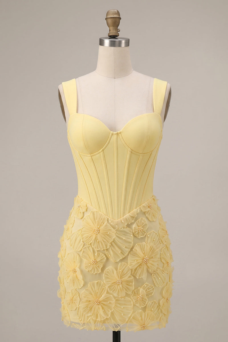 Load image into Gallery viewer, Corset Light Yellow Bodycon Floral Sparkly Short Cocktail Dress with Beading