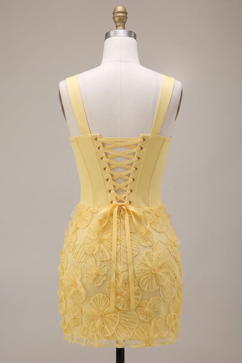 Load image into Gallery viewer, Corset Light Yellow Bodycon Floral Sparkly Short Cocktail Dress with Beading