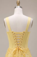 Load image into Gallery viewer, Corset Light Yellow Bodycon Floral Sparkly Short Cocktail Dress with Beading