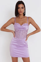 Load image into Gallery viewer, Corset Lilac Sparkly Floral Tight Satin Ruched Short Cocktail Dress with Sequins