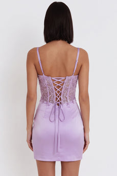 Corset Lilac Sparkly Floral Tight Satin Ruched Short Cocktail Dress with Sequins