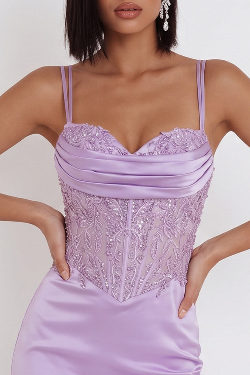 Load image into Gallery viewer, Corset Lilac Sparkly Floral Tight Satin Ruched Short Cocktail Dress with Sequins