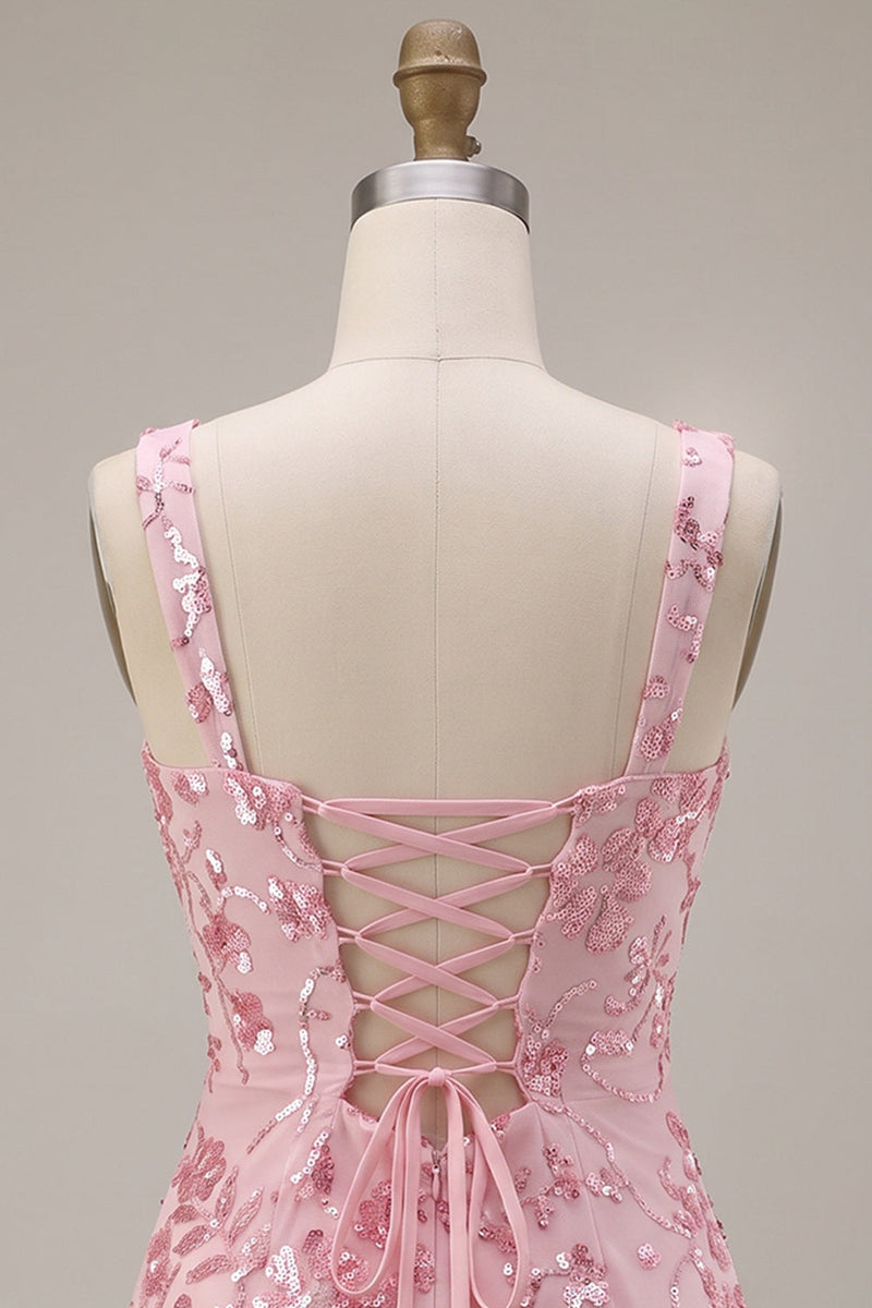Load image into Gallery viewer, Bodycon Pink Sparkly Floral Sequin Short Cocktail Dress with Bow