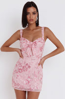Load image into Gallery viewer, Bodycon Pink Sparkly Floral Sequin Short Cocktail Dress with Bow