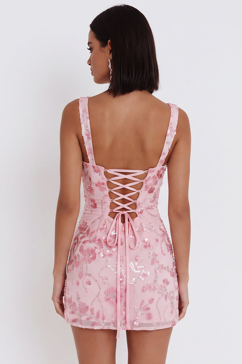 Load image into Gallery viewer, Bodycon Pink Sparkly Floral Sequin Short Cocktail Dress with Bow