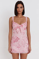 Load image into Gallery viewer, Bodycon Pink Sparkly Floral Sequin Short Cocktail Dress with Bow