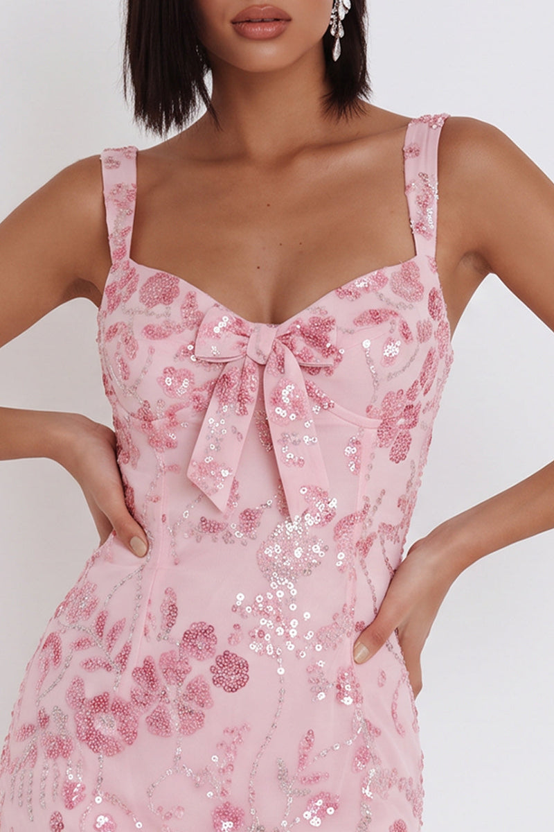 Load image into Gallery viewer, Bodycon Pink Sparkly Floral Sequin Short Cocktail Dress with Bow