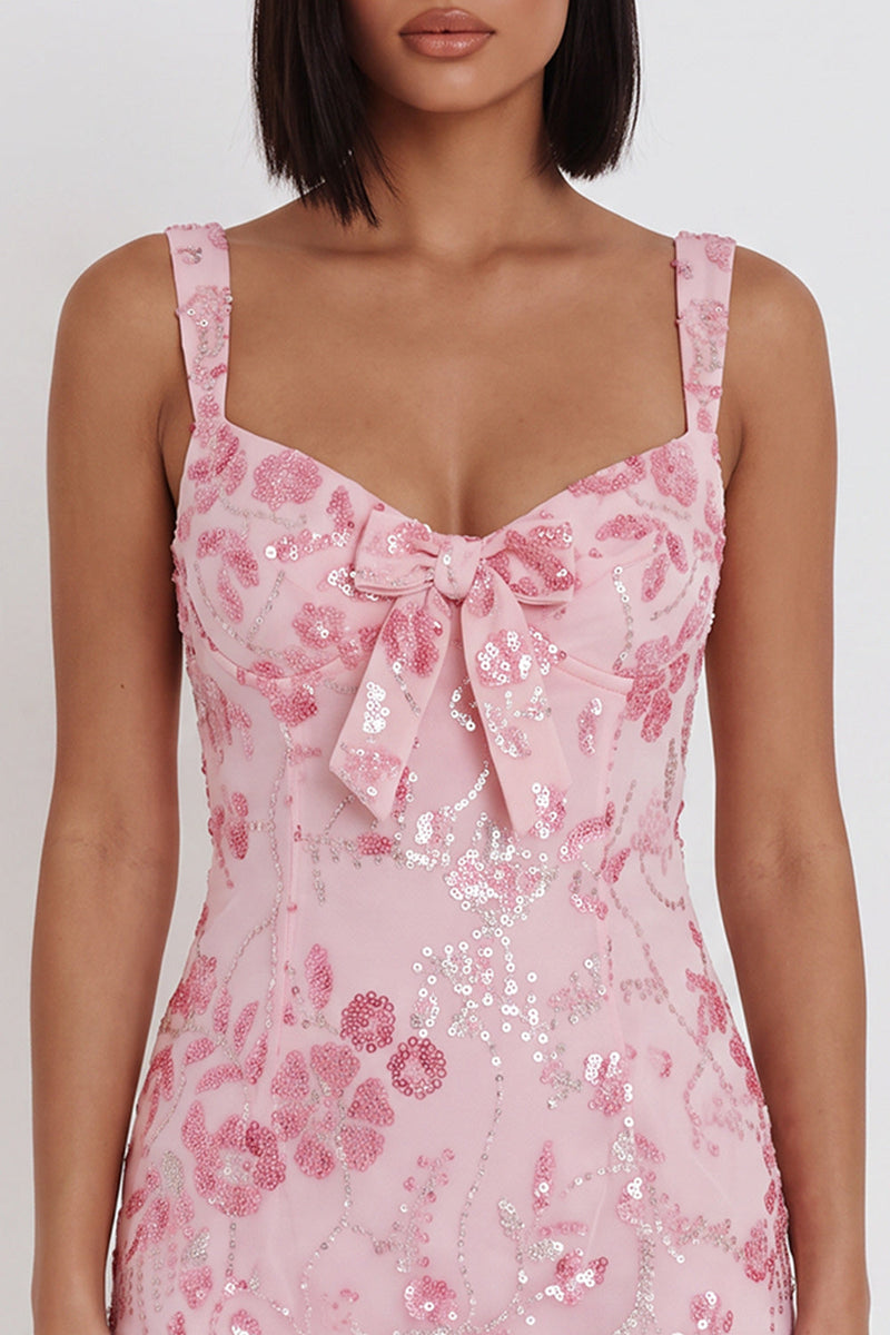 Load image into Gallery viewer, Bodycon Pink Sparkly Floral Sequin Short Cocktail Dress with Bow