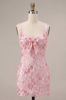 Load image into Gallery viewer, Bodycon Pink Sparkly Floral Sequin Short Cocktail Dress with Bow