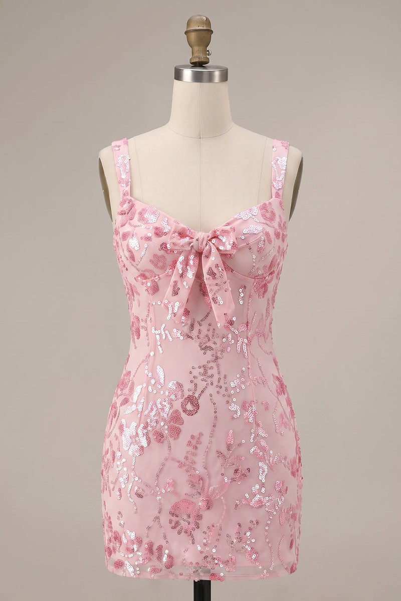 Load image into Gallery viewer, Bodycon Pink Sparkly Floral Sequin Short Cocktail Dress with Bow