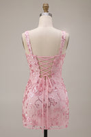 Load image into Gallery viewer, Bodycon Pink Sparkly Floral Sequin Short Cocktail Dress with Bow