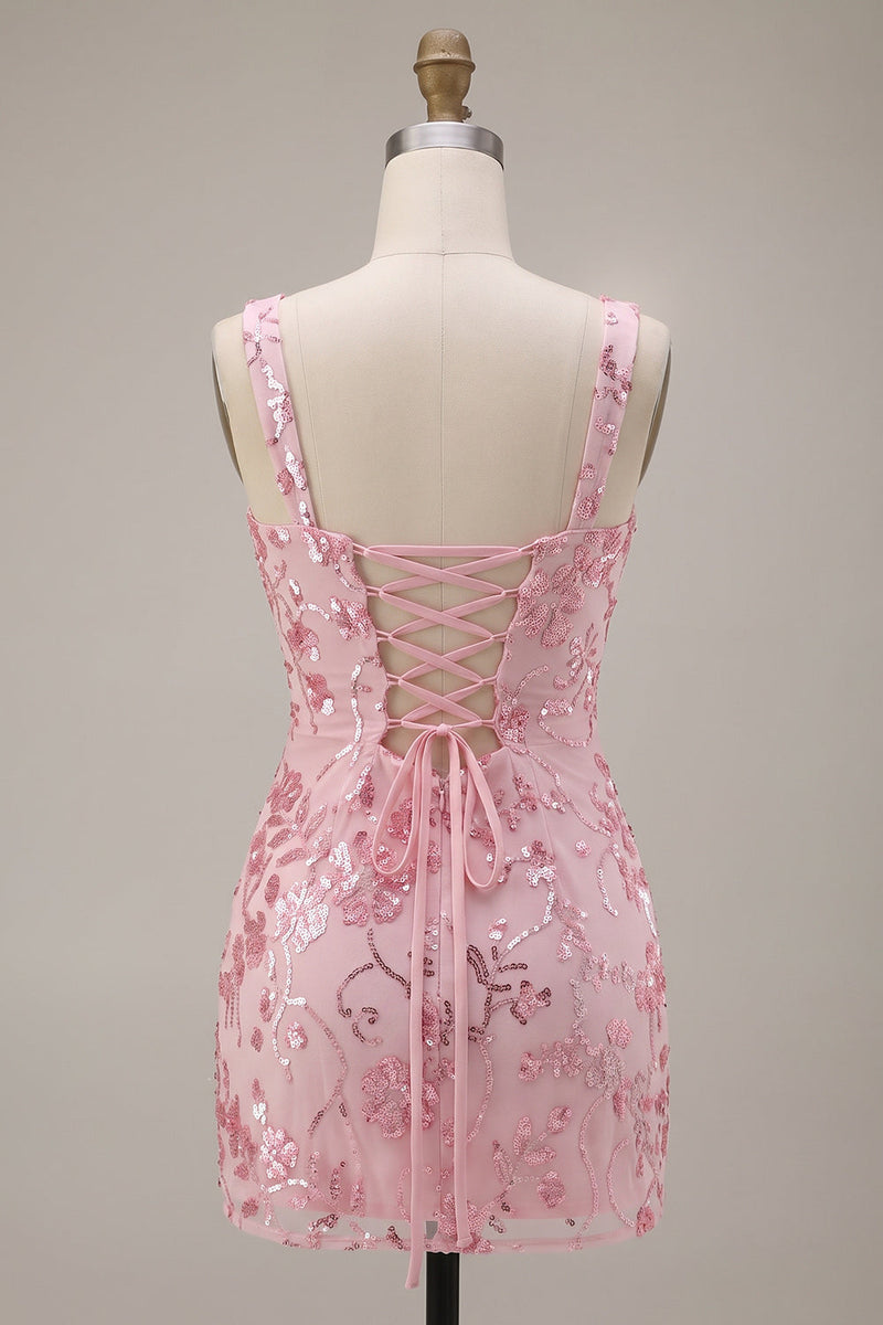 Load image into Gallery viewer, Bodycon Pink Sparkly Floral Sequin Short Cocktail Dress with Bow