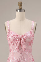 Load image into Gallery viewer, Bodycon Pink Sparkly Floral Sequin Short Cocktail Dress with Bow