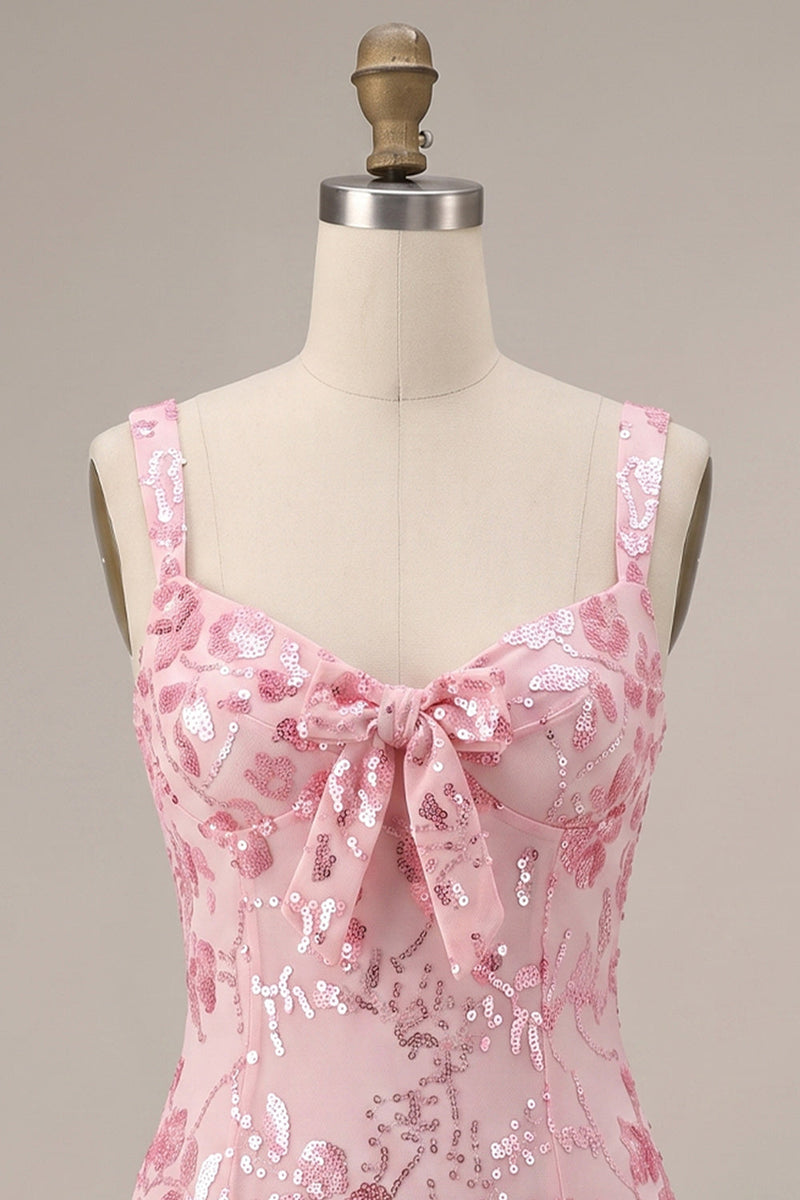 Load image into Gallery viewer, Bodycon Pink Sparkly Floral Sequin Short Cocktail Dress with Bow