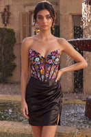 Load image into Gallery viewer, Black Sparkly Tight Ruched Corset Floral Short Cocktail Dress with Sequins