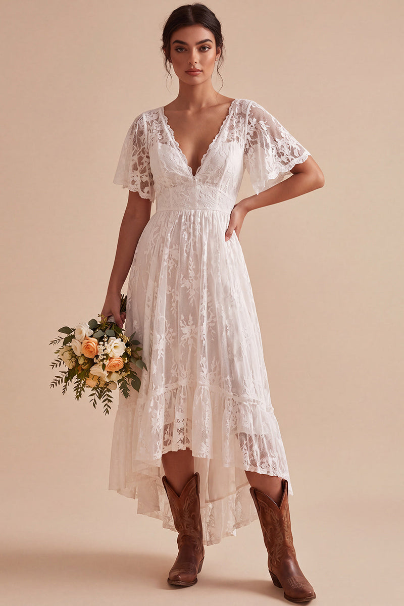 Load image into Gallery viewer, White A Line Lace High-Low Wedding Dress with Sleeves