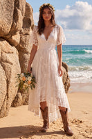 Load image into Gallery viewer, White A Line Lace High-Low Wedding Dress with Sleeves