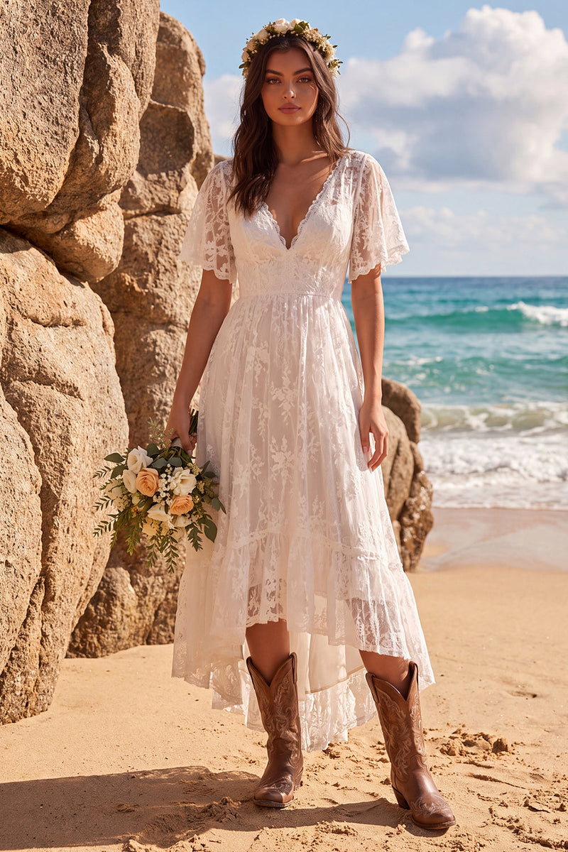 Load image into Gallery viewer, White A Line Lace High-Low Wedding Dress with Sleeves