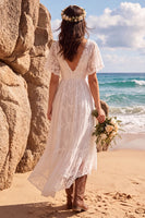 Load image into Gallery viewer, White A Line Lace High-Low Wedding Dress with Sleeves