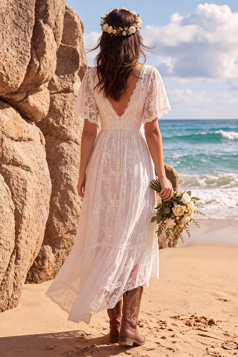 Load image into Gallery viewer, White A Line Lace High-Low Wedding Dress with Sleeves