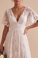 Load image into Gallery viewer, White A Line Lace High-Low Wedding Dress with Sleeves