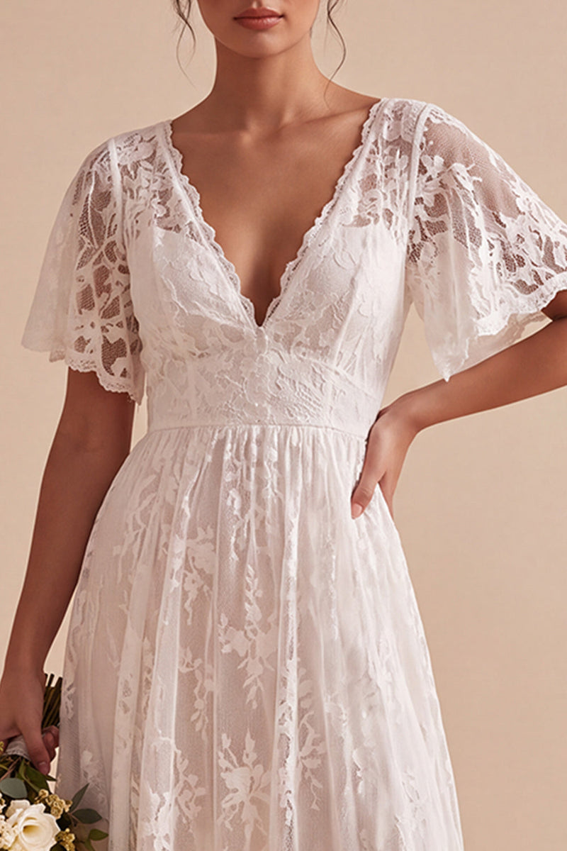 Load image into Gallery viewer, White A Line Lace High-Low Wedding Dress with Sleeves