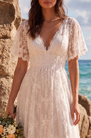 Load image into Gallery viewer, White A Line Lace High-Low Wedding Dress with Sleeves