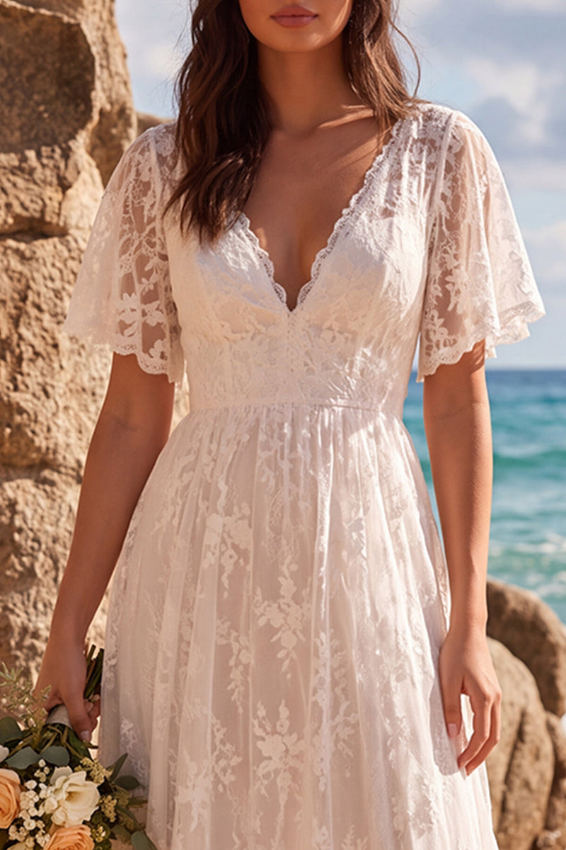 Load image into Gallery viewer, White A Line Lace High-Low Wedding Dress with Sleeves