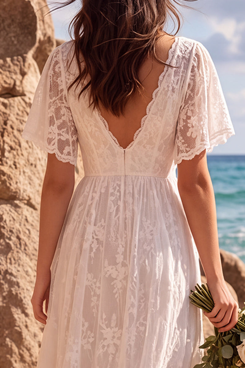 Load image into Gallery viewer, White A Line Lace High-Low Wedding Dress with Sleeves