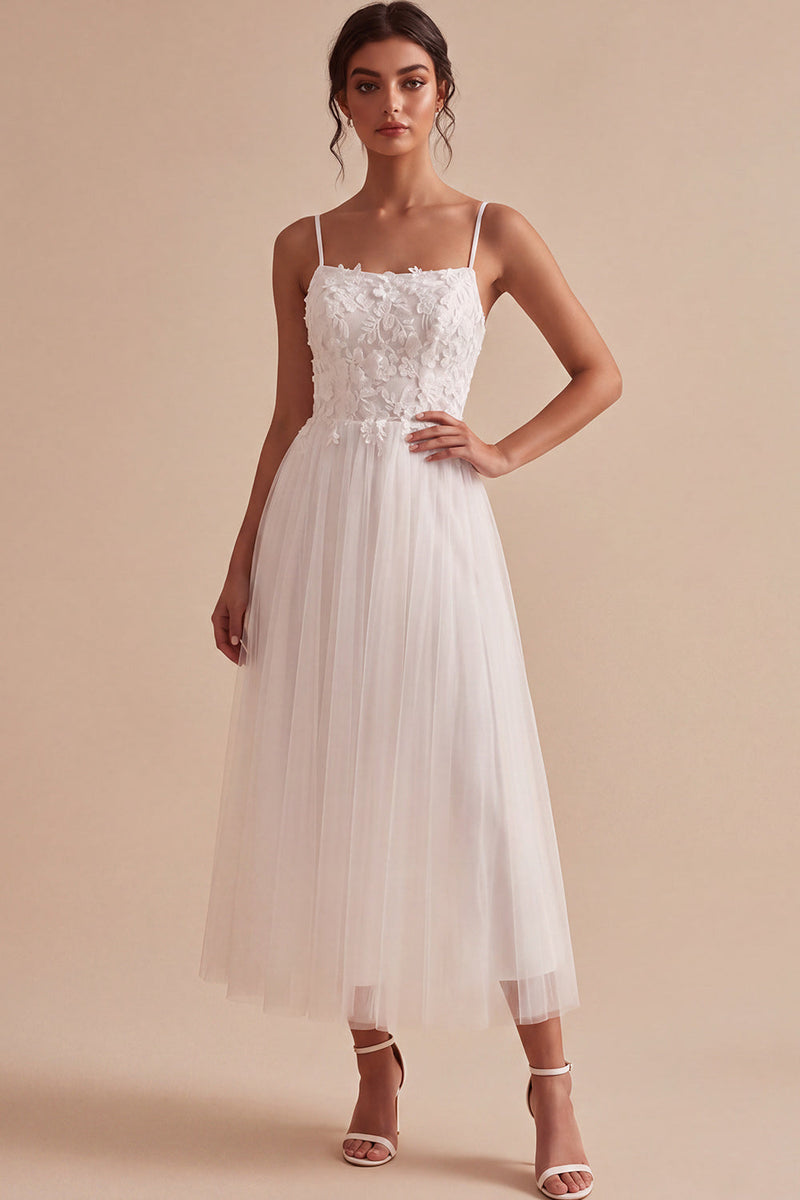 Load image into Gallery viewer, White A-Line Spaghetti Straps Floral Maxi Beach Wedding Dress