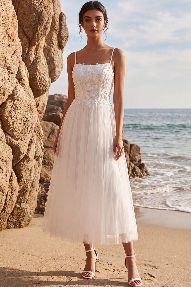 Load image into Gallery viewer, White A-Line Spaghetti Straps Floral Maxi Beach Wedding Dress