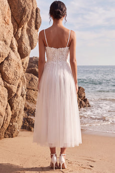 White A-Line Spaghetti Straps Floral Maxi Beach Wedding Dress
