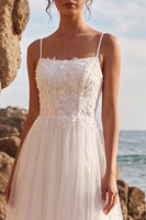 Load image into Gallery viewer, White A-Line Spaghetti Straps Floral Maxi Beach Wedding Dress