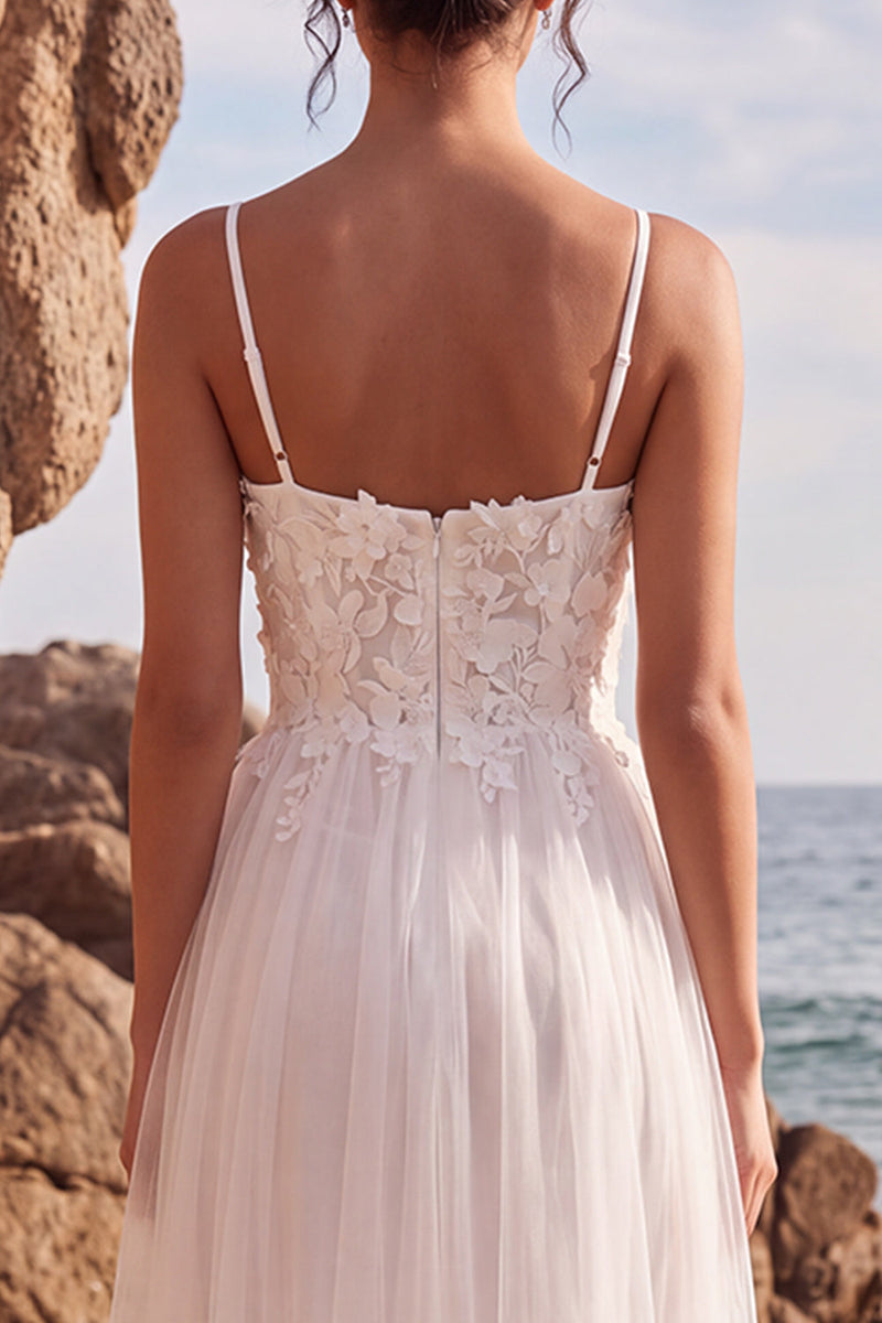 Load image into Gallery viewer, White A-Line Spaghetti Straps Floral Maxi Beach Wedding Dress