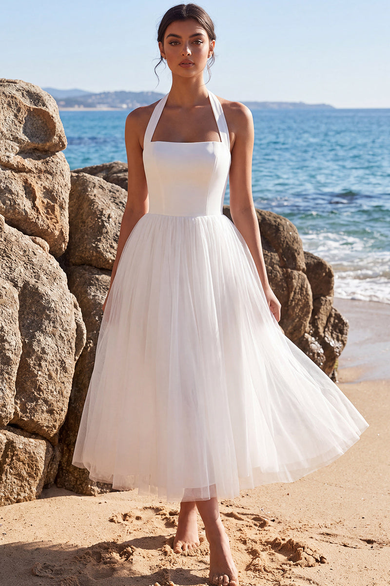 Load image into Gallery viewer, White Tulle Halter A-Line Backless Maxi Beach Wedding Dress