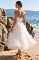 Load image into Gallery viewer, White Tulle Halter A-Line Backless Maxi Beach Wedding Dress