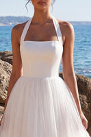 Load image into Gallery viewer, White Tulle Halter A-Line Backless Maxi Beach Wedding Dress