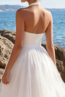 Load image into Gallery viewer, White Tulle Halter A-Line Backless Maxi Beach Wedding Dress