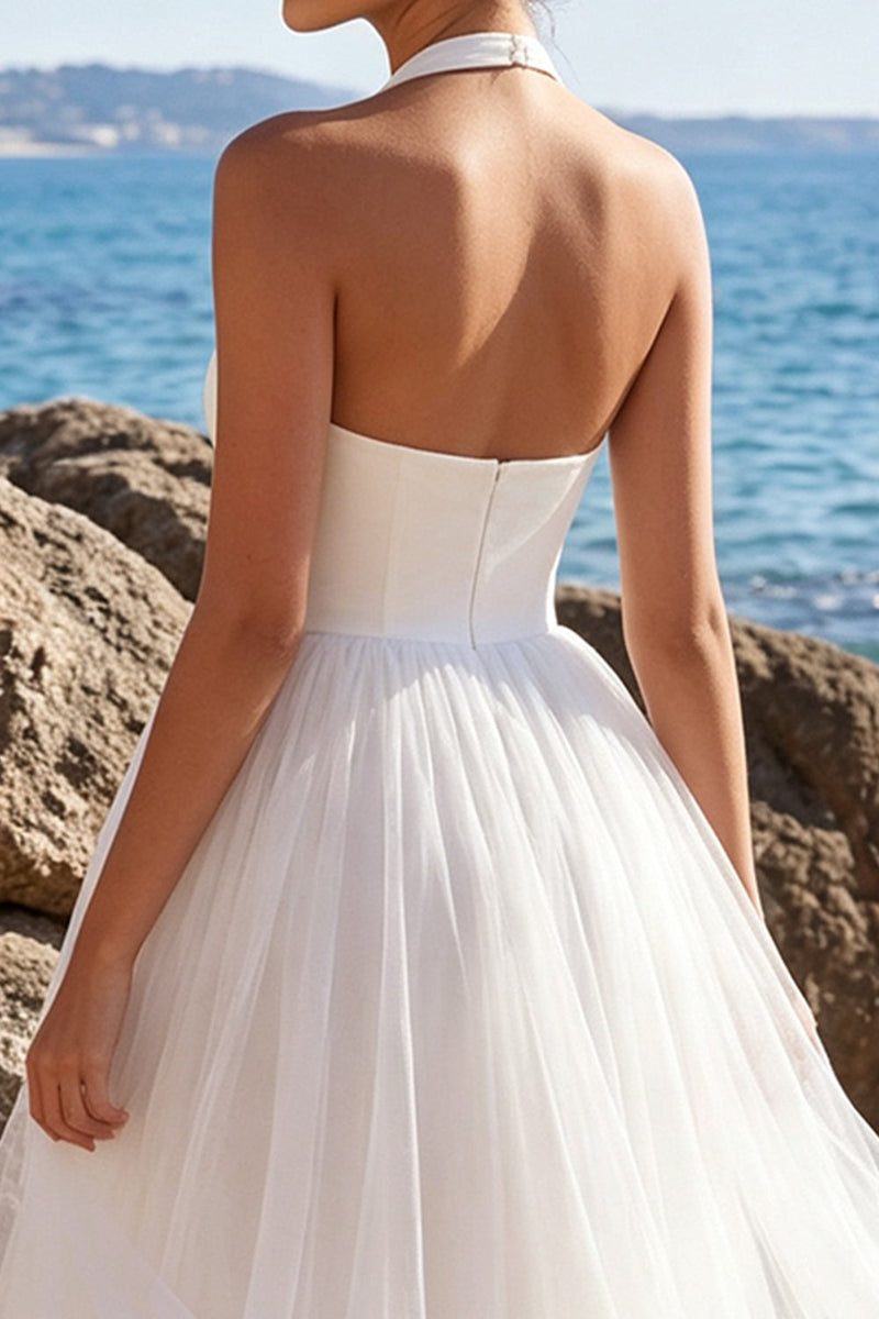 Load image into Gallery viewer, White Tulle Halter A-Line Backless Maxi Beach Wedding Dress