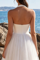 Load image into Gallery viewer, White Tulle Halter A-Line Backless Maxi Beach Wedding Dress