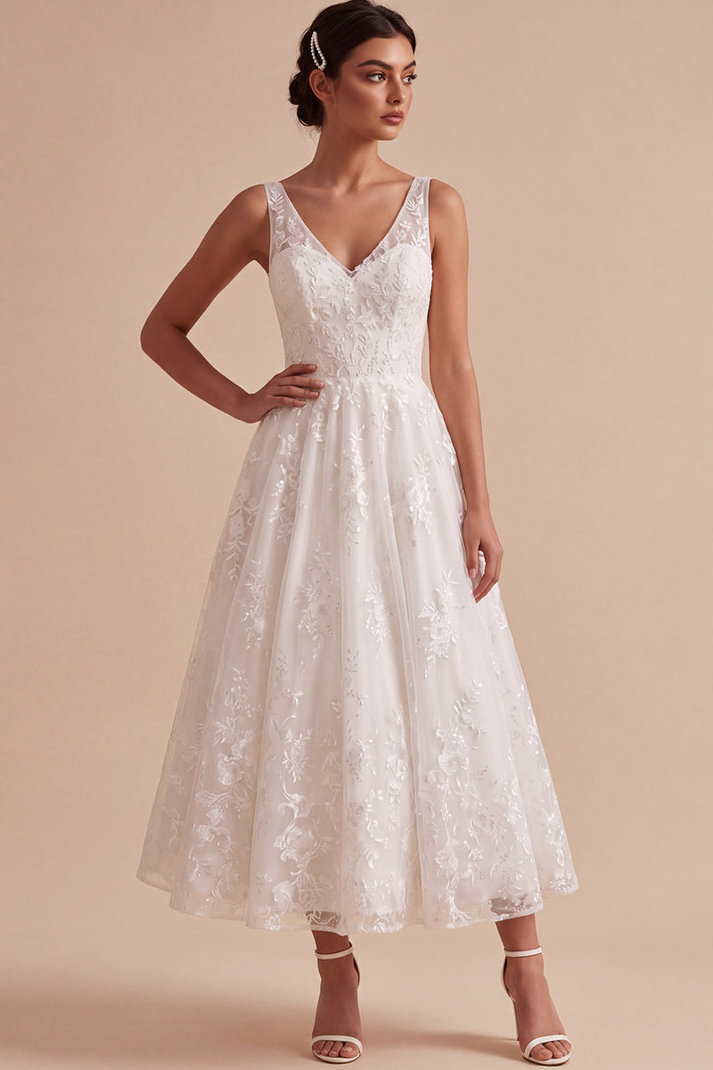 Load image into Gallery viewer, Lace White A-Line Floral V-Neck Maxi Boho Wedding Dress