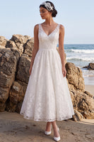 Load image into Gallery viewer, Lace White A-Line Floral V-Neck Maxi Boho Wedding Dress