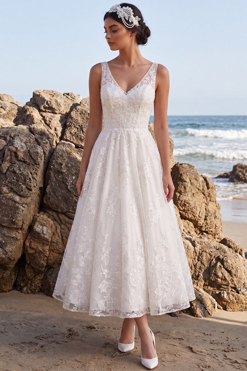 Load image into Gallery viewer, Lace White A-Line Floral V-Neck Maxi Boho Wedding Dress