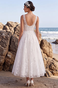 Lace White A-Line Floral V-Neck Maxi Boho Wedding Dress