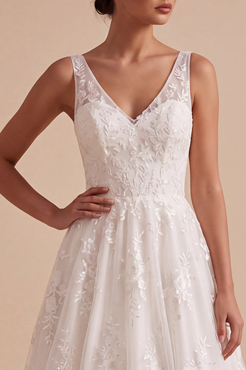 Load image into Gallery viewer, Lace White A-Line Floral V-Neck Maxi Boho Wedding Dress