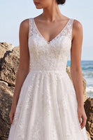 Load image into Gallery viewer, Lace White A-Line Floral V-Neck Maxi Boho Wedding Dress