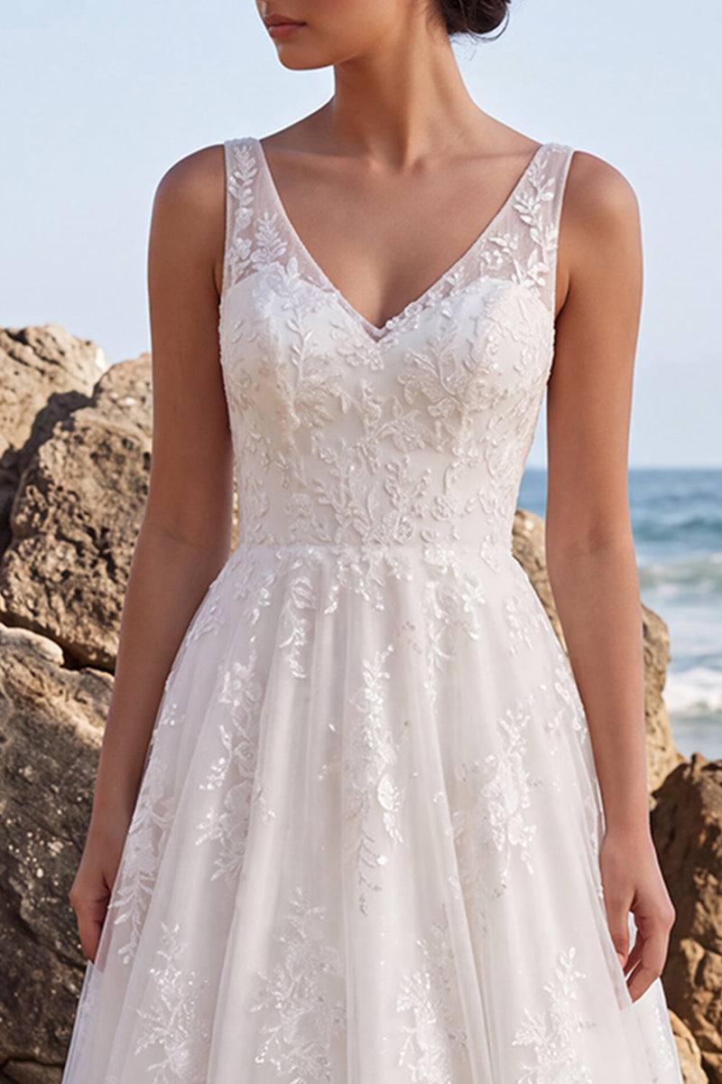 Load image into Gallery viewer, Lace White A-Line Floral V-Neck Maxi Boho Wedding Dress