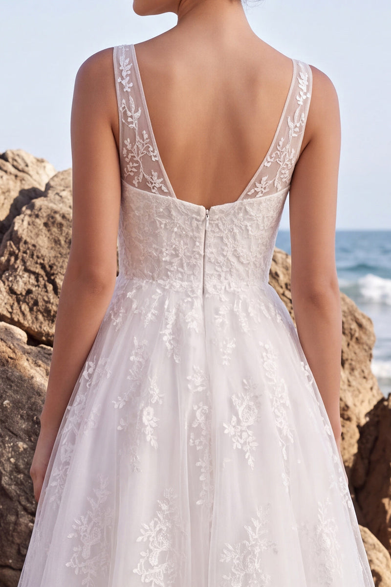 Load image into Gallery viewer, Lace White A-Line Floral V-Neck Maxi Boho Wedding Dress